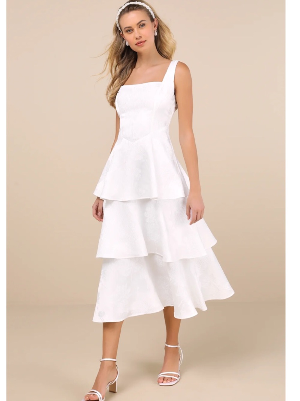 Lulu's White Tiered Midi Dress with Square Neck